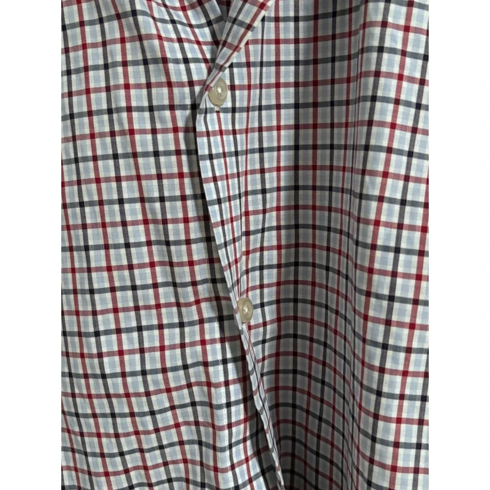Banana Republic Grant Fit Red Navy Plaid Non-Iron Cotton Stretch Shirt Preppy L